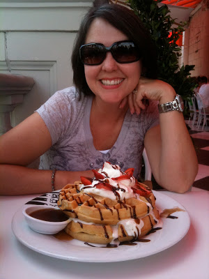 Me with a giant plate of strawberry chocolate waffles