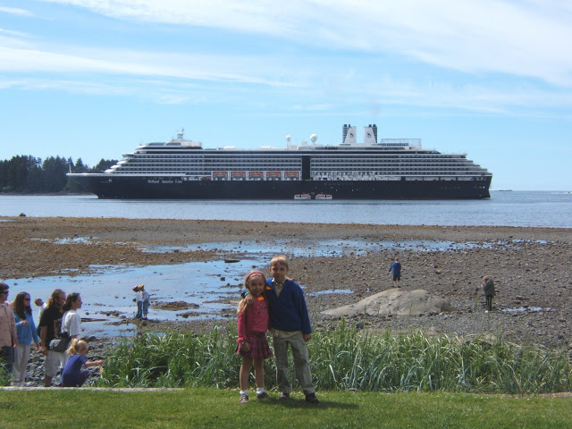 kids in front of the Oosterdam holland america ship