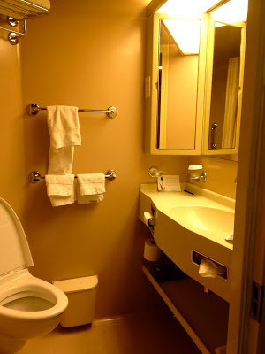 Interior stateroom bathroom with sink and mirror
