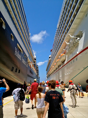 Walking between two huge cruise ships