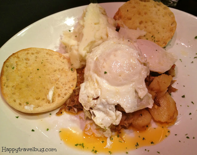 hash and eggs with an english muffin