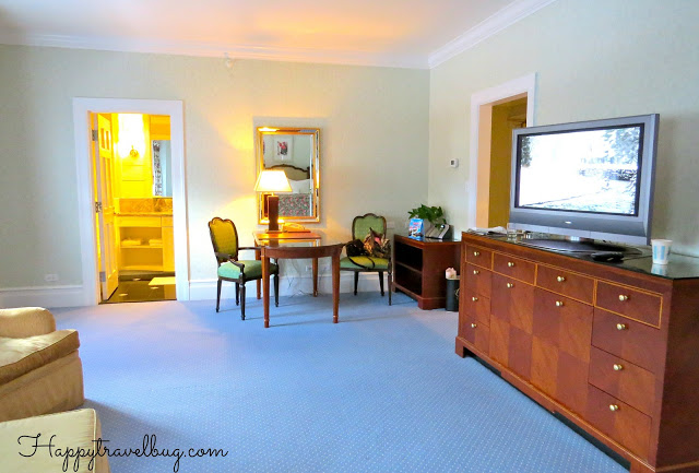 Restroom and desk area in our Greenbrier hotel room