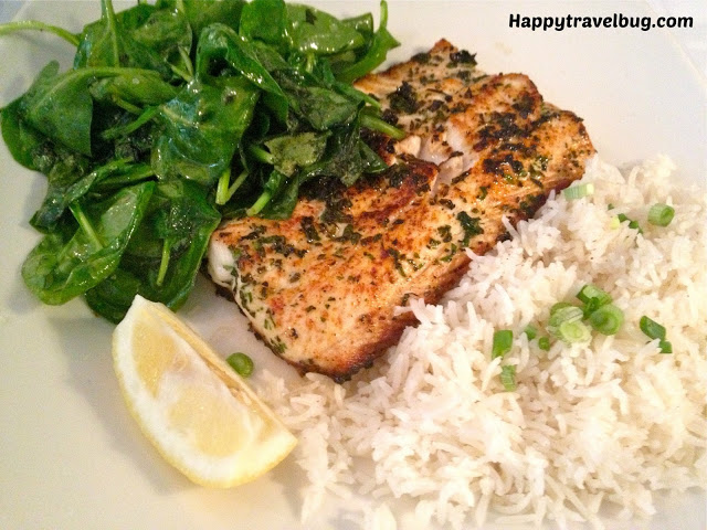 fresh fish of the day with rice and spinach