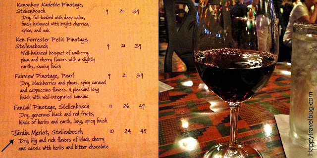 The wine list at Boma with the wine I ordered
