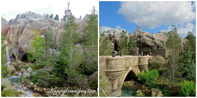 The exterior of Be Our Guest Restaurant with the castle