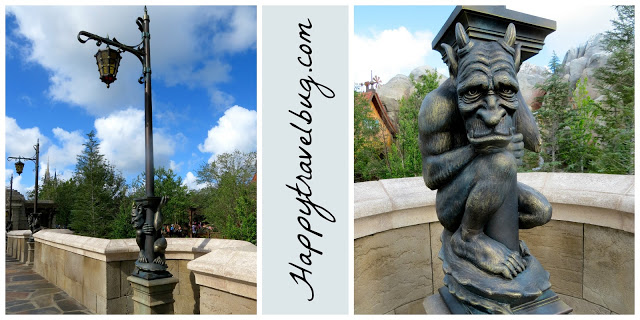 The gargoyle light posts at Be Our Guest restaurant in Disney World