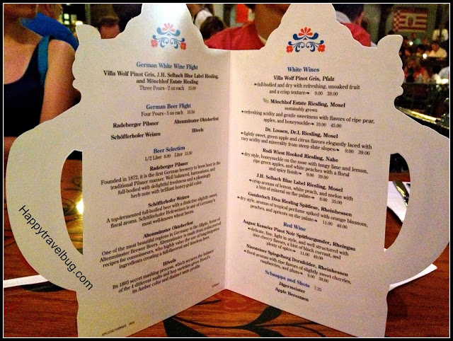 Wine menu at the Biergarten Restaurant in Epcot's Germany