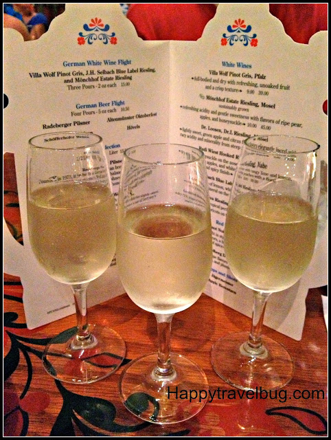 German white wine flight at the Biergarten Restaurant in Epcot