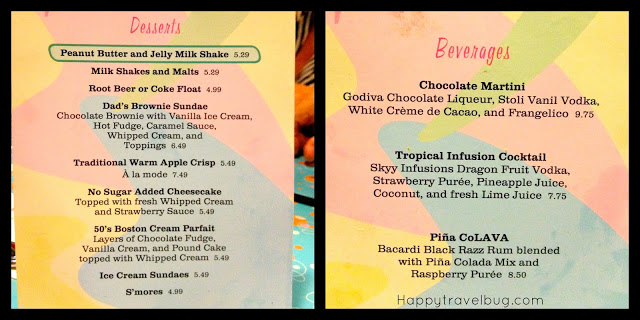Dessert menu at the 50's Prime Time Cafe in Hollywood Studios