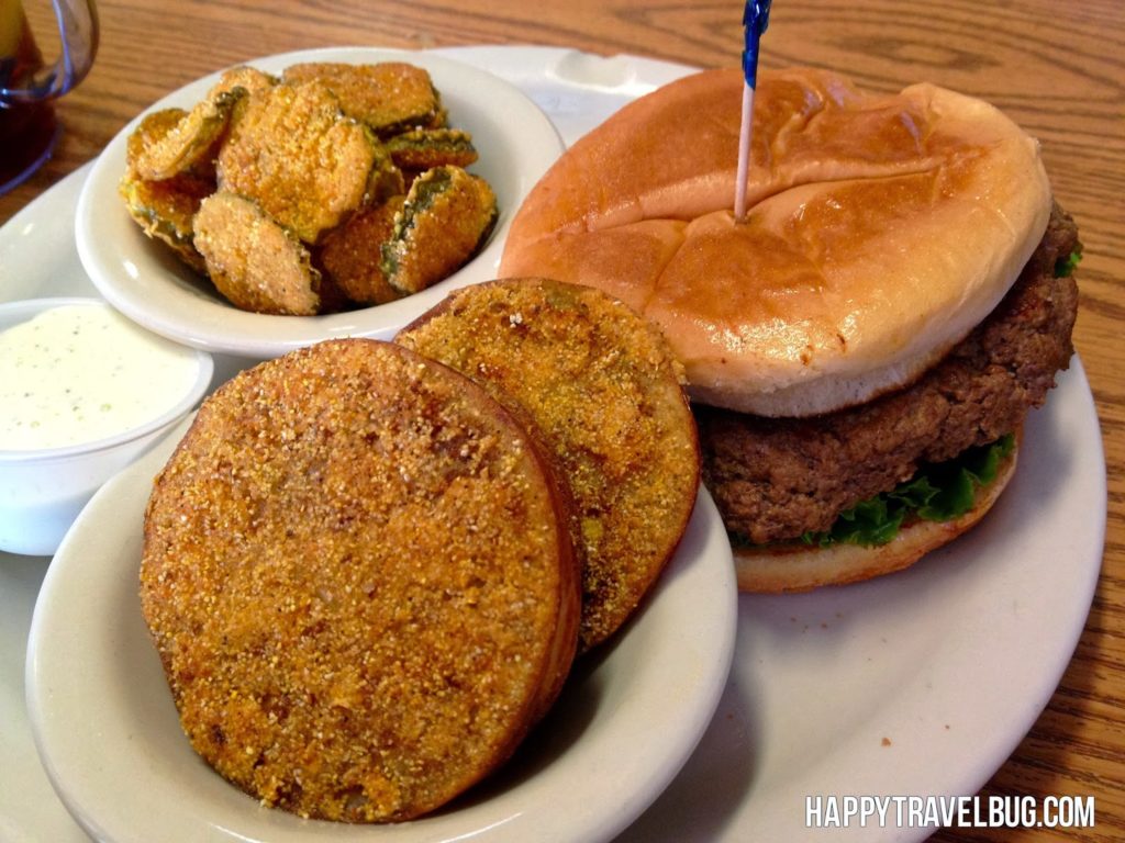 Hamburger, fried pickles and fried green tomatoes at Cotham's Mercantile in Arkansas