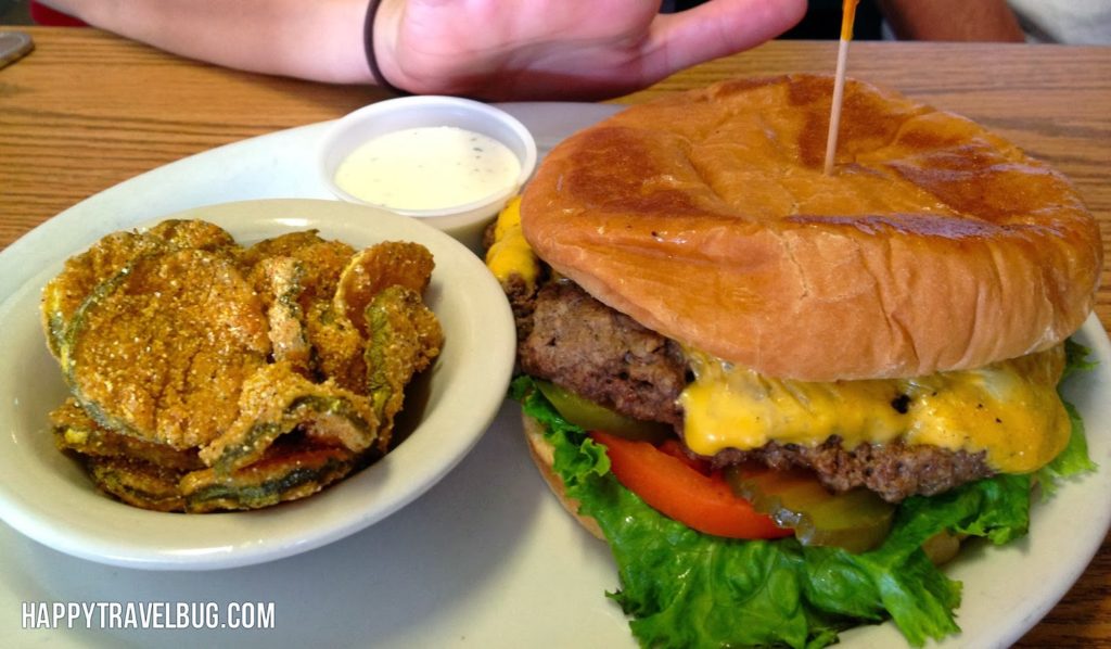 The hub cap hamburger and fried pickles at Cotham's in Arkansas