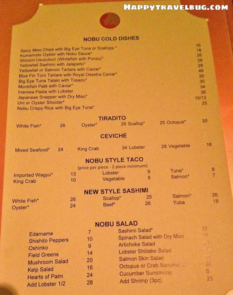 Nobu menu in Las Vegas