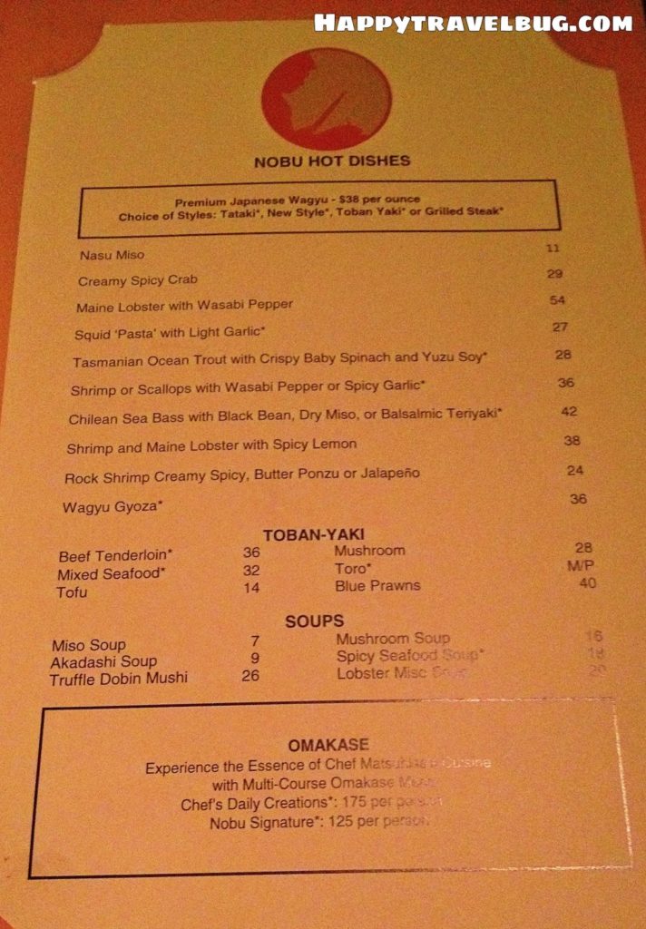 Nobu Hot dishes menu in Las Vegas