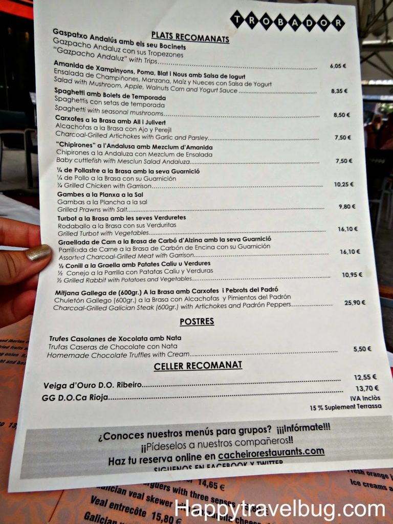 Trobador menu in Barcelona, Spain