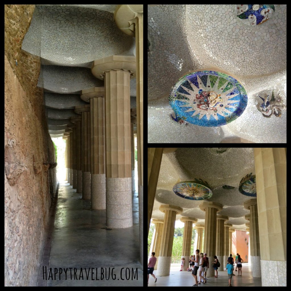 Columns and mosaics at Park Guell in Barcelona, Spain