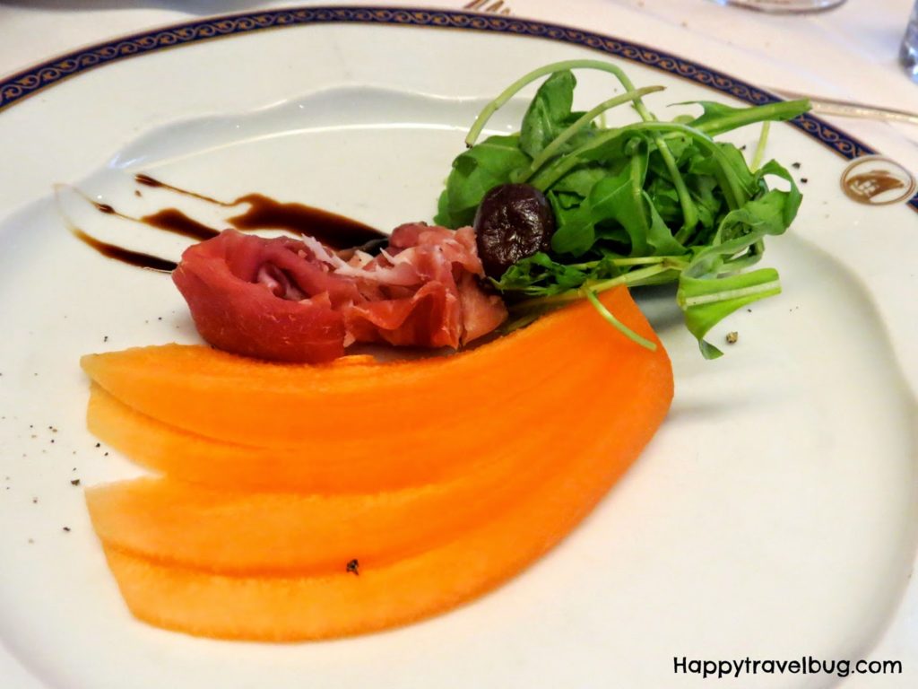 Proscuitto with melon and arugula from dinner on our Holland America cruise