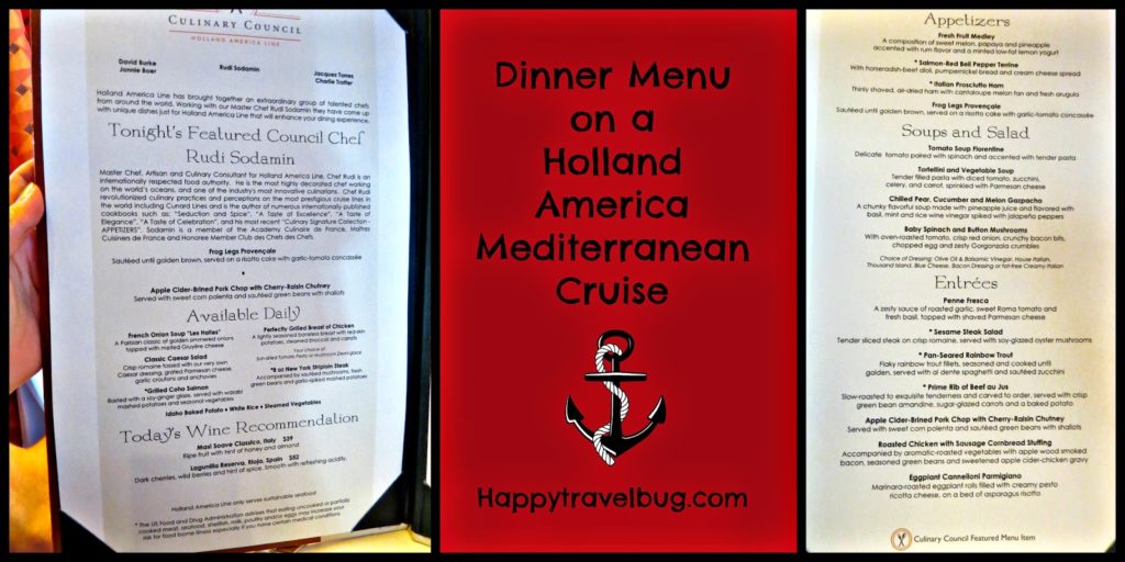 Dinner menu on our Holland America Mediterranean Cruise