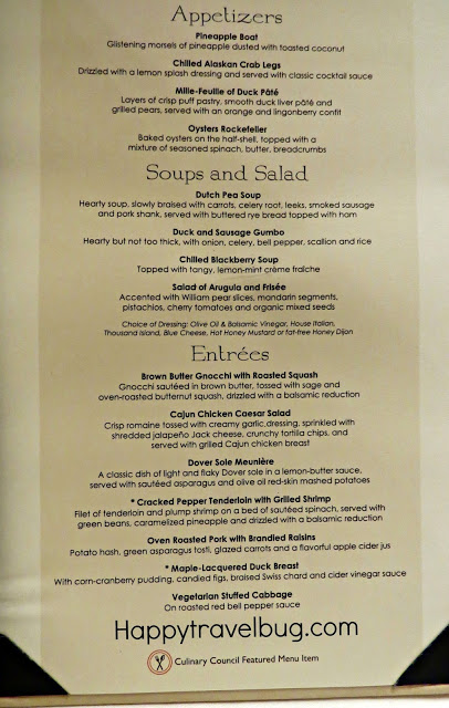 Dinner menu on a Holland America Cruise