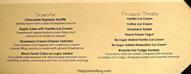 Dessert menu from our Holland America Cruise Dinner