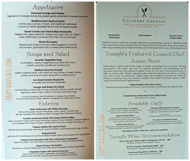 Dinner menu from Holland America cruise