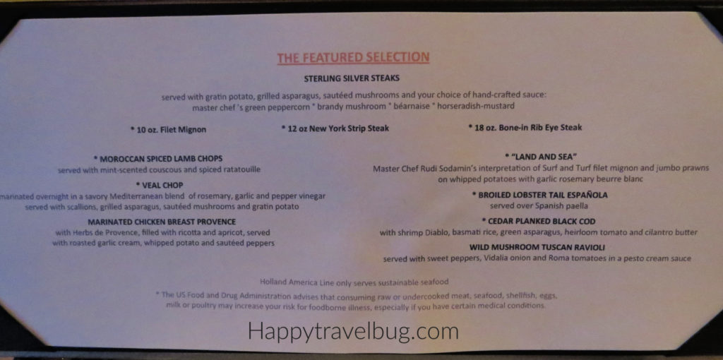 Menu from Pinnacle Grill on Holland America Cruise Line