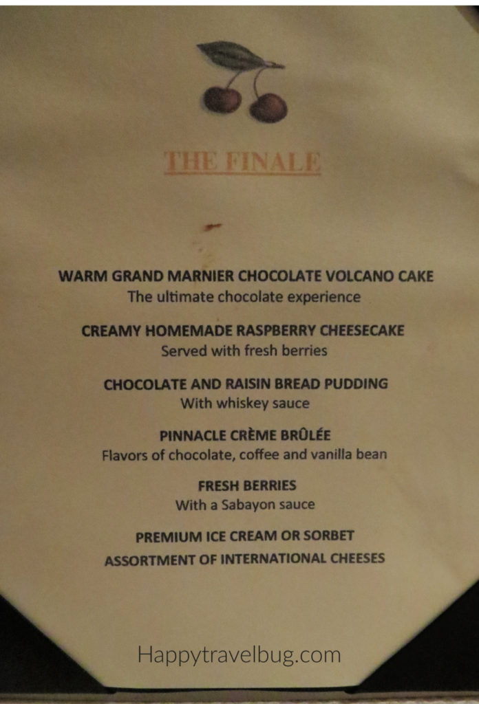 Dessert menu at the Pinnacle Grill on Holland America Cruise Line