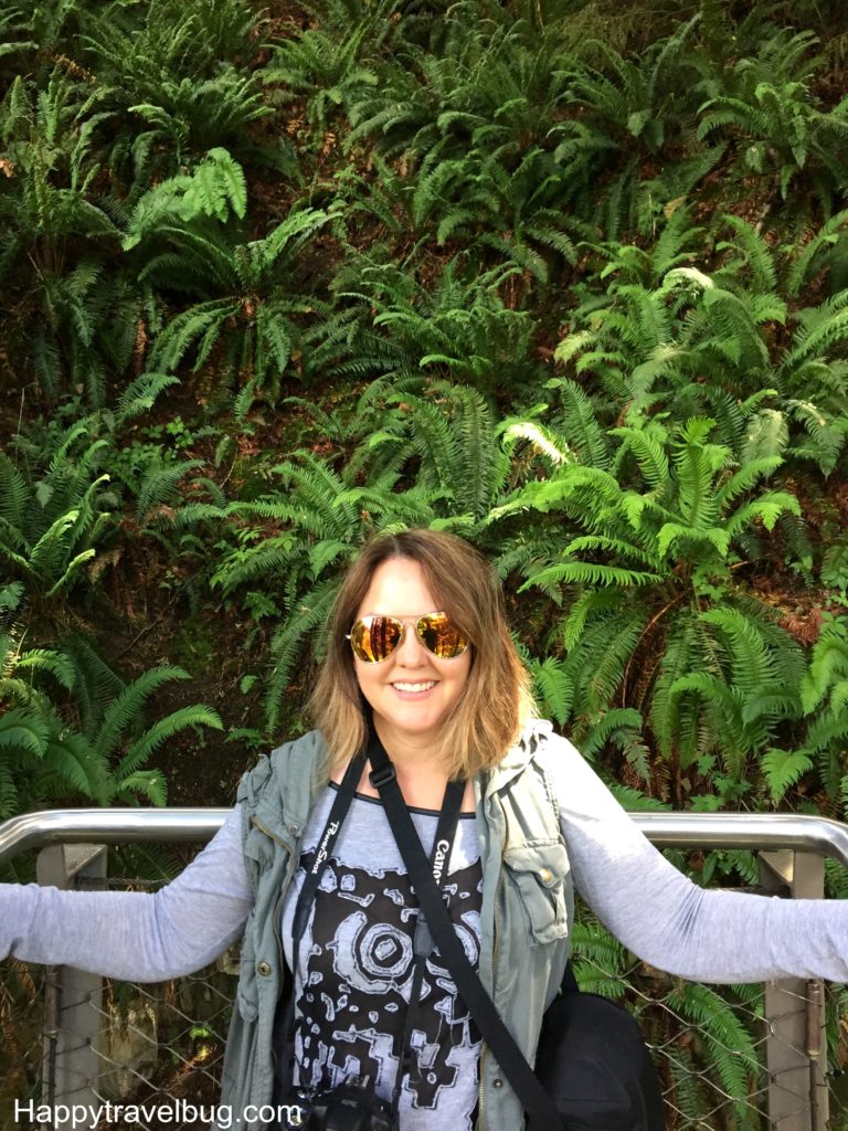 Me and ferns at Cliffwalk at Capilano Suspension Bridge Park in Vancouver, Canada