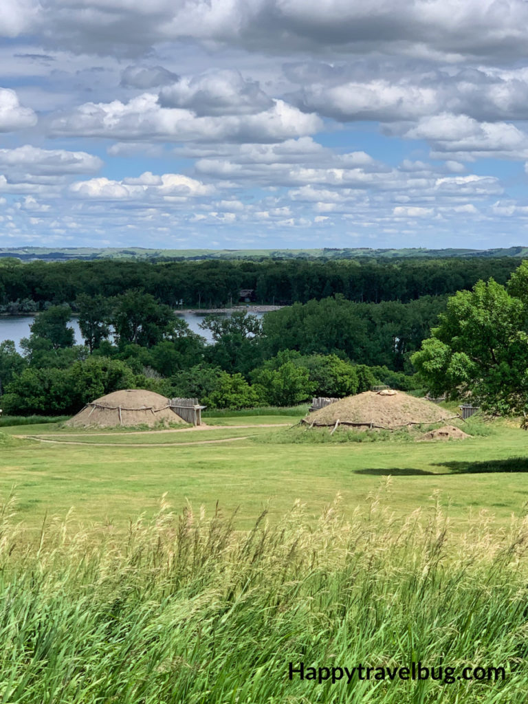 Slant Indian earth lodges on the sloping land overlooking the Missouri River