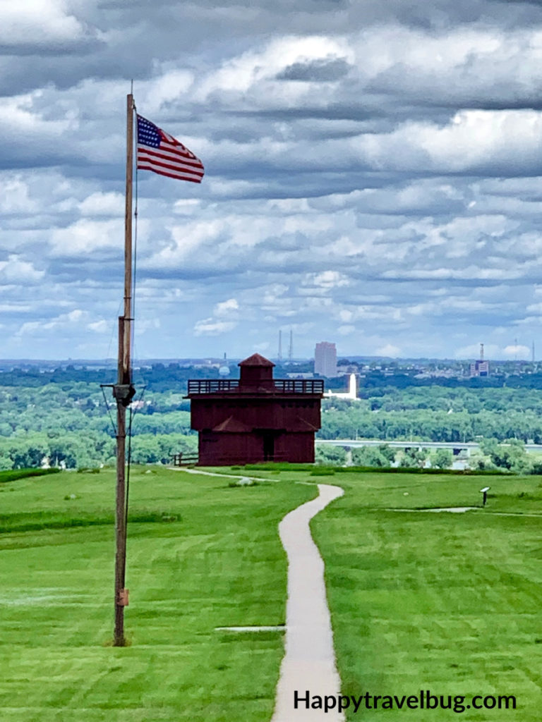 American flag waving at the infantry post in Fort Abraham Lincoln State Park