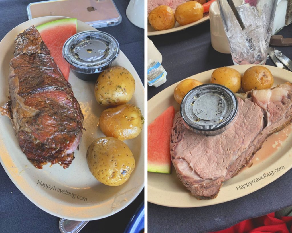 prime rib meat with potatoes and watermelon