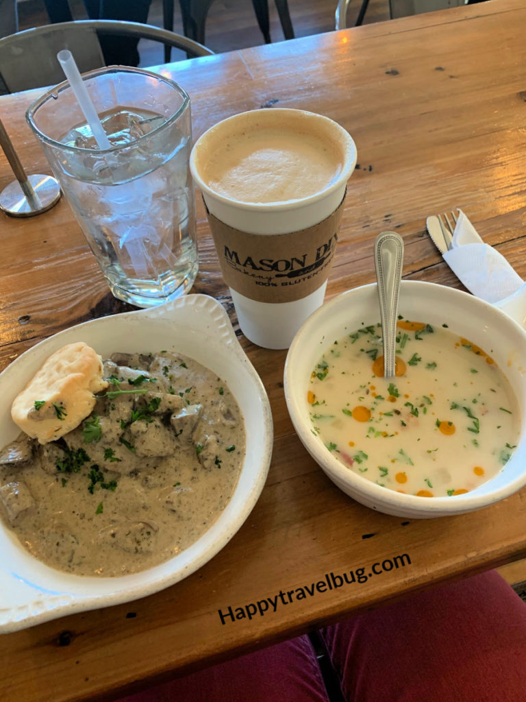 Latte, biscuit and mushroom gravy and soup