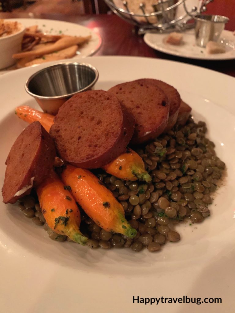 homemade seitan, baby carrots and french lentils