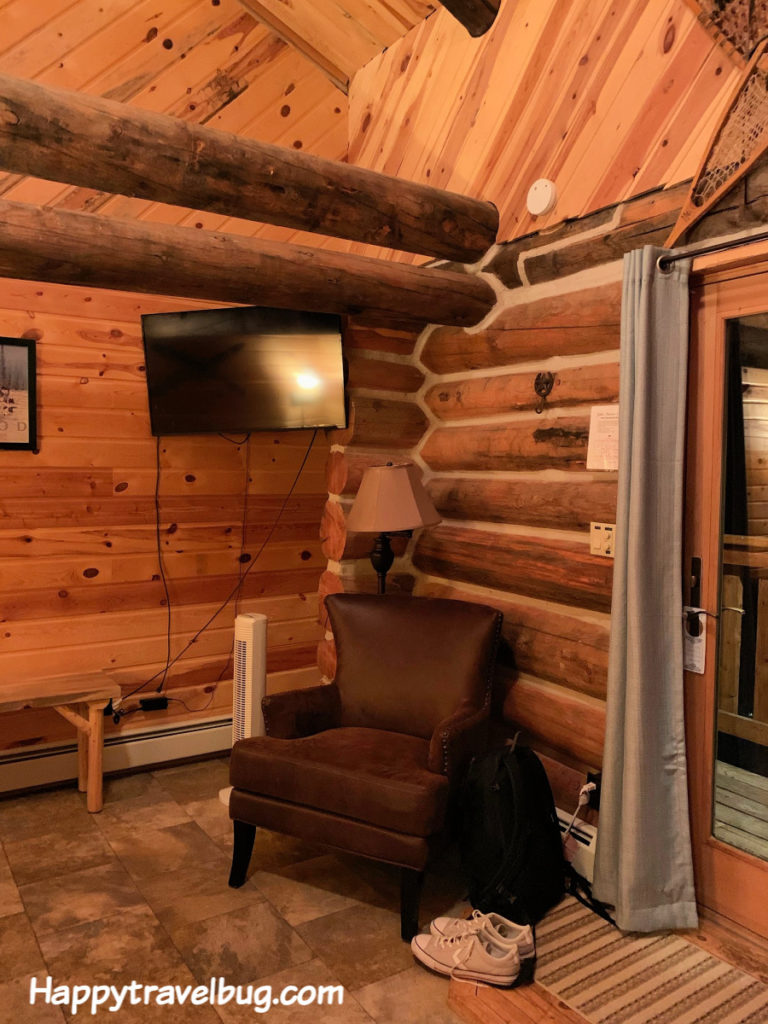 Log cabin lodge with chair and tv